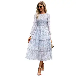 Hot Sale Ladies Fashion Casual Elegant Round Collar Puff Sleeve Floral Print Ruffle Flowy Dress