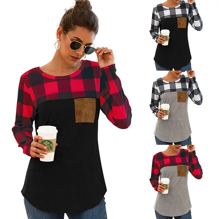 Christmas Women Pullover Sweaters Round Neck Plaid Long Sleeve Pocket Shirt Tops Blouse