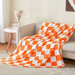 Checkered Throw <b>Blanket</b> , Luxurious Fleece <b>Blanket</b> with Checkerboard Grid Home Decor, Soft Cozy Orange and White Warm <b>Blankets</b> - Product Image 2