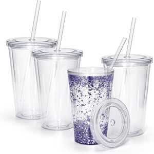 Hot bán nhà máy bán buôn tùy chỉnh in 16oz rõ ràng đôi tường tái sử dụng Acrylic cup nhựa Tumbler với rơm và nắp - Product Image 1