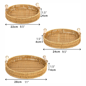 Vassoio Rotondo Intrecciato Fatto a Mano con Manici in Legno, Cesto in Rattan Plastico per Pane e Frutta, Adatto per Tavolino da Caffè - Product Image 2