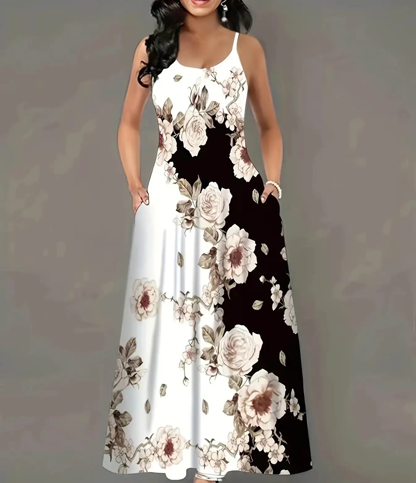 Lässige Blumendruck Damenluxus elegantes Büro Party Mode einteiliges Kleid ohne Ärmel weiches langes Kleid für Dame