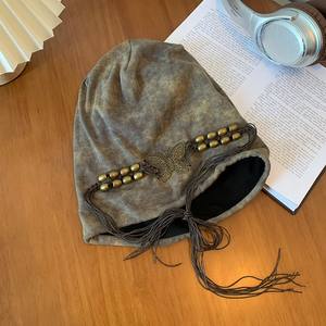 American Retro Style Tie-Dye Pullover Cold Cap pour les femmes Maillard Tassel Big Head Cirference Showy Face Small Heap Beanies - Product Image 4