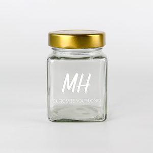 Supply square glass honey jar storage jam sauce canned pickle glass jar with metal lids