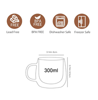 Lot de 2 tasses à café en verre à double paroi 300 ml, tasses à café transparentes avec poignée, tasses à expresso en verre transparent pour la maison et le bureau