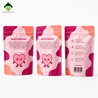 Sachet d'emballage de poudre de matcha avec logo personnalisé, motif cœur de dessin animé, pochette mate autoportante de qualité alimentaire refermable avec fermeture éclair, vente en gros