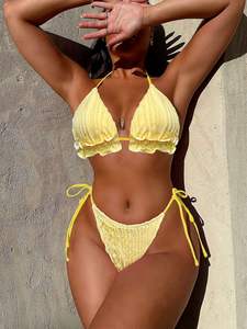 Nouveau femmes <span class=keywords><strong>Sexy</strong></span> japonais <span class=keywords><strong>Gir</strong></span> Bikinis solide jaune 2 pièces Micro string maillots de bain maillots de bain ensemble de vêtements de plage - Product Image 2