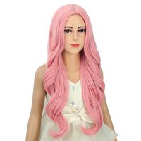 Peluca Larga Rosa Pastel con Ondas Suaves y Partidura Media, Fibra Sintética de Baja Temperatura con Gorra