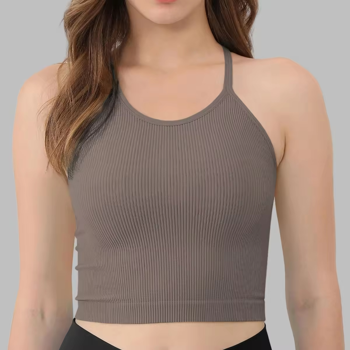 HUACHEN Gym Seamless Yoga Vest Quick Dry Four-Way Stretch Eco-Friendly Polyester/Nylon Sports Ribbed Running Beauty Back Tops