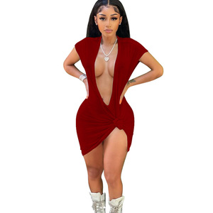 Fabricantes de ropa de mujer <span class=keywords><strong>2022</strong></span> Mini vestido liso con cuello en V profundo logotipo personalizado vestido de verano Color sólido moda Sexy vestido - Product Image 4
