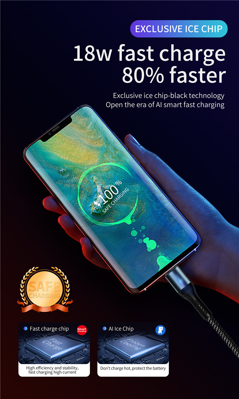 ICEBINGO 2020 new arrival QC3.0 Fast charging Smart power off breathing light data cable Mirco  type C charging cable for iPhone