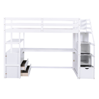Lit mezzanine moderne blanc double avec bureau, rangement, escalier, structure en pin massif, 2 tiroirs et barrières de sécurité pour enfants et adultes