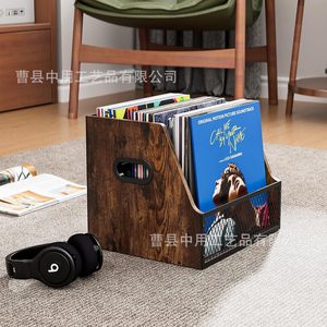 Cesta de almacenamiento de discos de madera, estante de hierro y madera combinados para exhibir colecciones de música en vinilo y CD. - Product Image 4