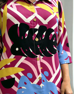 <span class=keywords><strong>2026</strong></span>新款女式衬衫连衣裙热带树叶印花长袖纽扣中长款缎面春秋夏透气优雅休闲 - Product Image 5