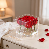 Roses rouges préservées avec tige, rose éternelle dans une boîte en acrylique transparente, cadeau de la Saint-Valentin pour petite amie, décoration de table à la maison, vente en gros