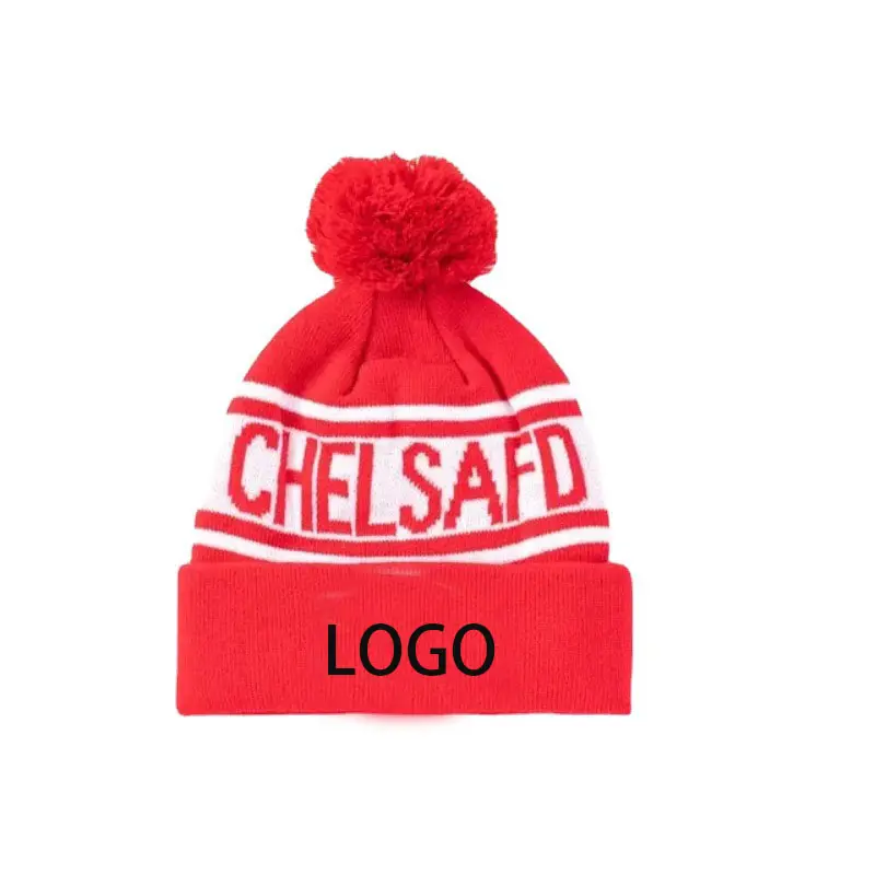 Customized football basketball sports club team logo jacquard fans soccer knit hat tassel pom pom beanie hats wholesale