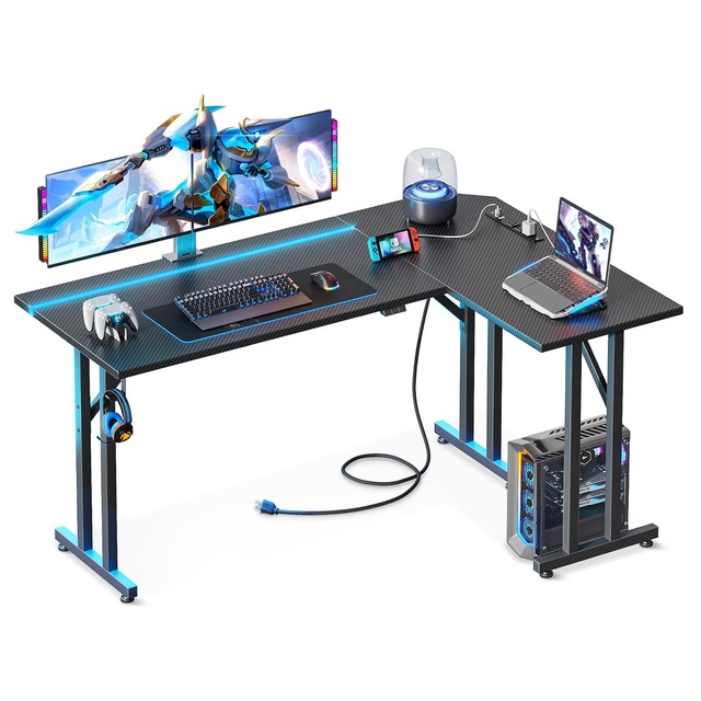 Pc Gaming Table With Power Outlet and Headphone Hook L Shaped Gaming Desk With Led Lights 55 Inch RGB Gaming Computer Desk