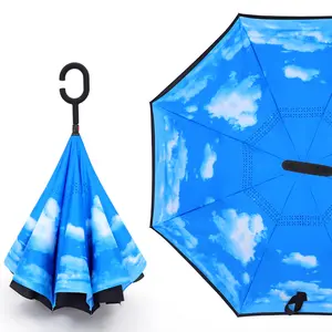 Customized logo sunny and rainy colored rose pattern hands free Chand straight reverse Windproof umbrella