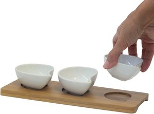 Juego de Platos para Aperitivos, Tazas de Porcelana en Forma de Coma, Bandeja de Bambú 26x10x4.5 Cm, Tazas Blancas en Forma de Coma, Bandeja para Aperitivos - Product Image 2