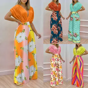 Foreign trade women's clothing 2024 summer new temperament V-neck printed wide leg pants fashion casual set