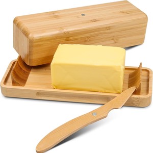 Boîte à beurre en bambou avec couvercle et couteau, couleur bois naturel, boîte de rangement en bois massif pour la cuisine - Product Image 1