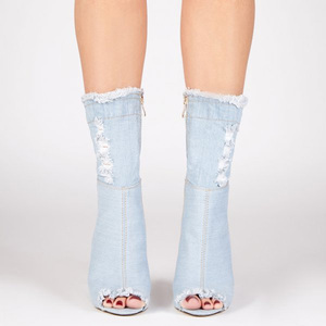 Yeni varış açık mavi <span class=keywords><strong>Denim</strong></span> kızlar için özelleştirilmiş marka bayanlar sivri burun yüksek topuk kovboy çizmeler