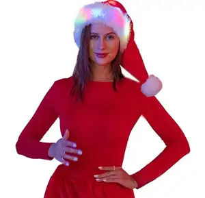 참신 Led 빛나는 봉제 산타 모자 조명 재미 부드러운 모피 크리스마스 모자 어린이 성인을위한 새로운 휴일 비니 모자