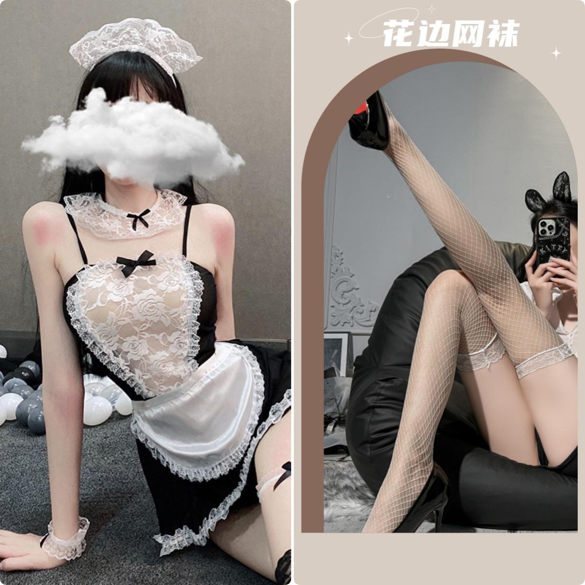 Maid outfit + white fishnet stockings