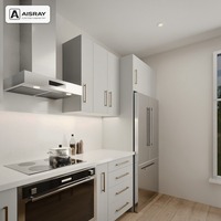 Meuble de cuisine de luxe en PVC avec îlot central, portes en dalles grises, rangement par tiroirs, livraison en kit et boîtes de rangement en panneaux de particules