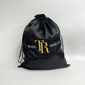 Custom Black Satin <b>Drawstring</b> Bags with Two-Tone Logo Print - Hair Extension <b>Pouches</b> Microfiber Jewelry <b>Pouch</b> - Product Image 3