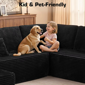Beige U-Shaped Double Chaise Sofa Corduroy <b>Memory</b> <b>Foam</b> Boneless Deep Seat Modular No Assembly - Product Image 5