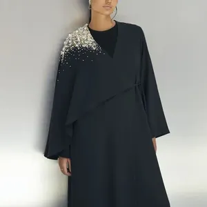 Modern Fashion Muslim Robe Dresses Crystal Floral Sequin Embellished Puff Sleeve Kimono Abaya Ramadan Eid Black Full Natural