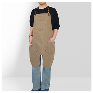 Grembiule in tela kaki da appendere al collo con orlo irregolare - Uniforme da lavoro per caffetterie, negozi di bubble tea, pasticcerie e saloni di parrucchieri - Product Image 2