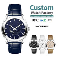 Reloj de pulsera automático Miyota 9015 Moonphase de fabricante OEM, logotipo personalizado, fase lunar grande, esfera azul estrellada, acero y cuero