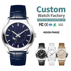 Montre automatique OEM Miyota 9015 avec phase de lune, logo personnalisé, grand cadran bleu étoilé, bracelet en acier et cuir - Product Image 1