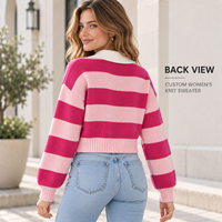 Pull en tricot rayé personnalisé pour femme, col contrastant, col en V, manches longues, pull court pour tenues décontractées quotidiennes