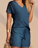Ensemble deux pièces pour femmes, costume d'été, t-shirt boutonné à col en v et short décontracté à cordon de serrage, tenues féminines, nouvelle collection