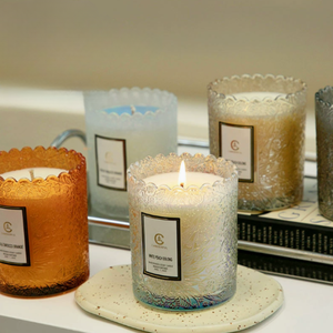<span class=keywords><strong>Bougie</strong></span> parfumée en verre gaufré avec dentelle, best-seller transfrontalier, en cire de soja, pour l'aromathérapie, la relaxation, la décoration intérieure et comme cadeau de l'Aïd - Product Image 1