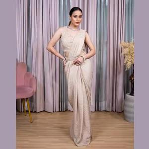 Venta al por mayor lavanda Georgette Saree precosido con cuentas hechas a mano ligero elegante de la India - Product Image 4