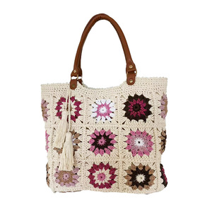 Crochet Rope Braided Tassel Square Sunflower Pattern <strong>Red</strong> <strong>Handbag</strong> with Polyester Lining Woven Design - Product Image 4