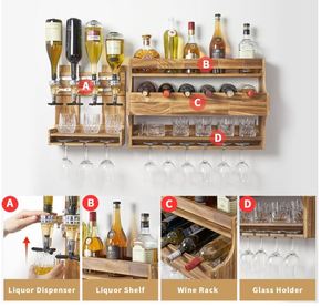 Mensola per bottiglia di liquore Home <span class=keywords><strong>Bar</strong></span> con supporto in vetro scaffali rustici con 4 bottiglie di liquore whisky liquore a parete legno portabottiglie - Product Image 3