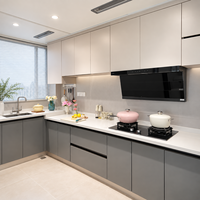 Meuble de cuisine modulaire gris et blanc avec système de rangement sans poignée pour projets intérieurs modernes d'appartements et de villas