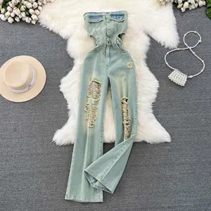 Jumpsuit gaya Retro untuk wanita, Jumpsuit perempuan, bodysuit pelangsing pinggang tinggi, Jumpsuit Jeans kaki lebar untuk wanita