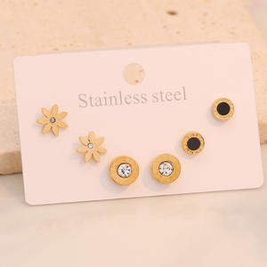 مجموعة من 3 أزواج من الأقراط الدائرية الهندسية للنساء، مصنوعة من الفولاذ المقاوم للصدأ مع كريستال وحجر الراين، إكسسوارات أنيقة بالجملة - Product Image 1