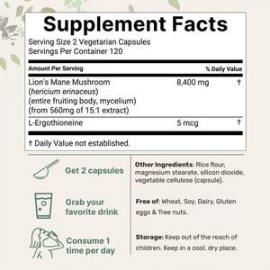 Pabrik GMP Suplemen Herbal Lions Mane L-Ergothioneine 240 Kapsul Vegan 8.400 mg Setara Ultra Strength Dewasa - Product Image 3