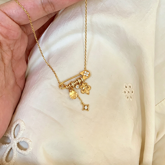 Brushed Iris Star Crystal Brooch Necklace Stainless Steel 18K Real Gold Plated Clavicle Chain Women's Jewelry Non-Tarnish
