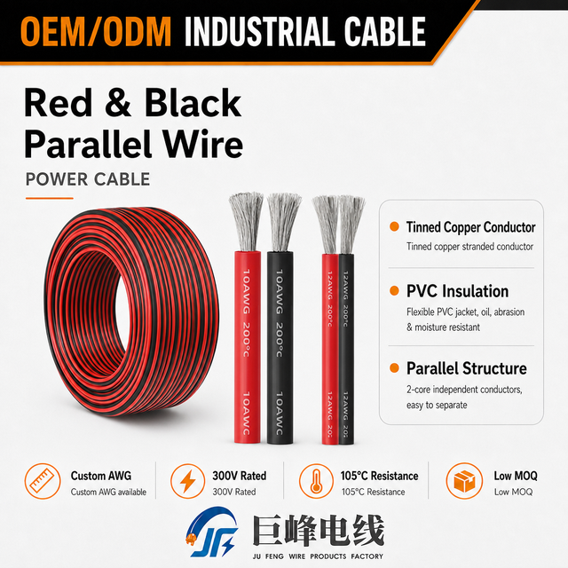 Red/Black 2x2.0mm² Flat Parallel Speaker Wire Tinned Copper PVC Insulated 105°C 300V for Audio Wiring