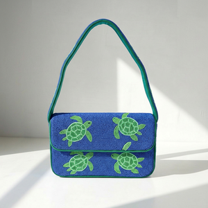 Bolso Rectangular de Lona Lavable Hecho a Mano con Bordado de Tortuga Verde en Poliéster y Tema Animal Azul - Product Image 1