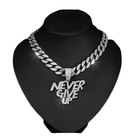Femmes Hommes Bijoux Hip Hop Bling Rhinestone Alloy Letter NEVER GIVE UP Punk Pendant Cuban Chain