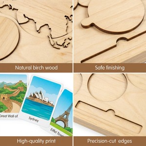 Plateau de tri Montessori personnalisé en bois <span class=keywords><strong>7</strong></span> continents, puzzle géographique <span class=keywords><strong>du</strong></span> <span class=keywords><strong>monde</strong></span> avec cartes flash des monuments - Product Image 2